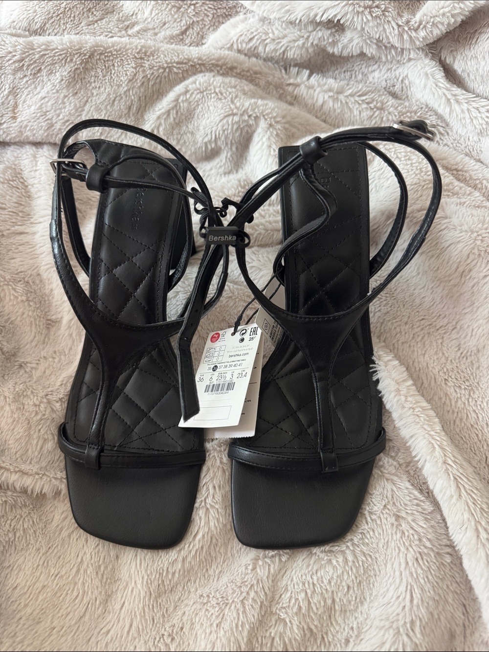Bershka Black Quilted T-Strap Heeled Sandals